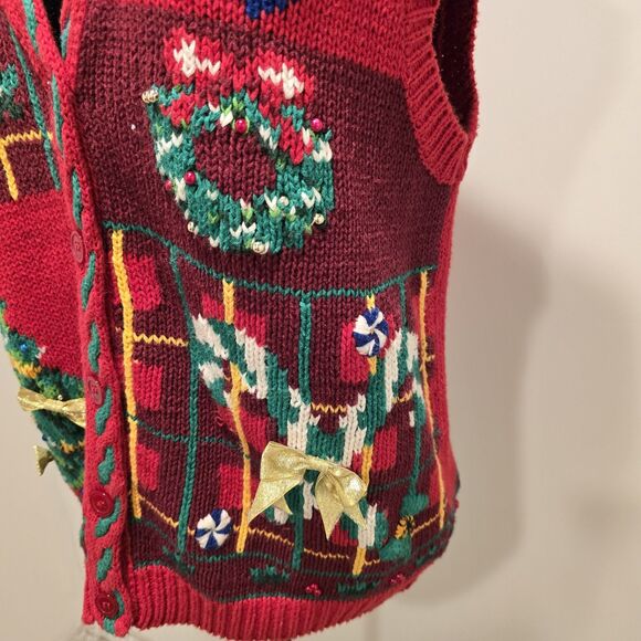 Jennifer Moore Petites Ugly Christmas Sweater Vest Women's Medium Red Hand Knit - Picture 3 of 10